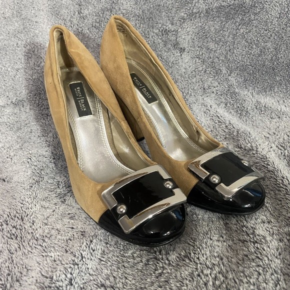 White House Black Market Women’s Theo Camel Tan Suede Color Block Heel Size 7M - Picture 1 of 8